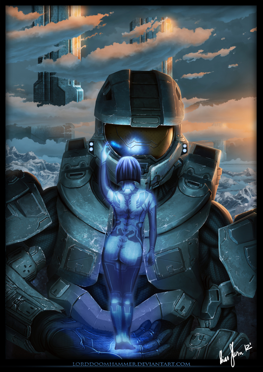 1boy 1girl absurdres ass assault_visor black_border blue_hair blue_skin border colored_skin commentary cortana english_commentary german_commentary halo_(series) halo_4 helmet highres hologram lorddoomhammer master_chief mixed-language_commentary short_hair signature spartan_(halo) watermark web_address