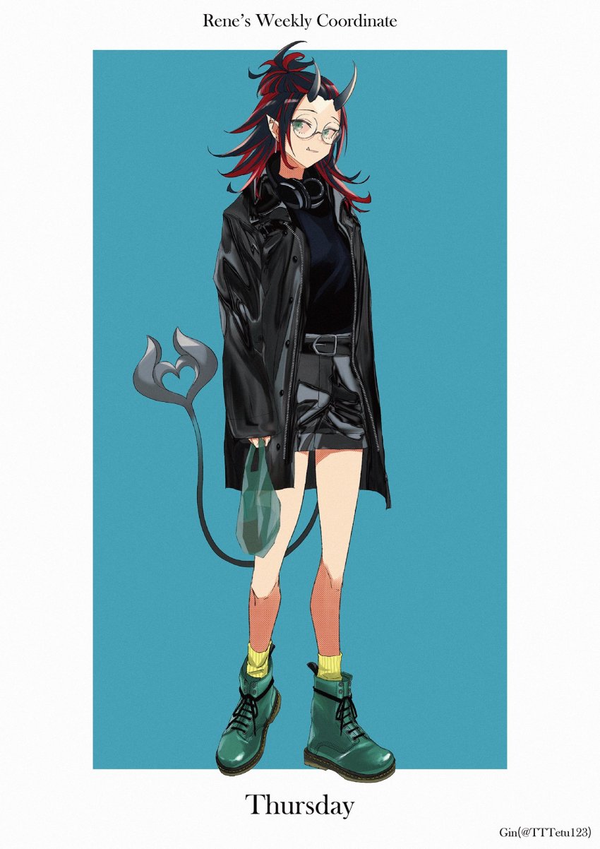 1girl alternate_costume alternate_hairstyle bag black_coat black_hair black_shirt black_shorts blue_background boots breasts closed_mouth coat commentary demon_girl demon_horns demon_tail english_text full_body gin_(tttetu123) glasses green_boots green_eyes grey-framed_eyewear hair_bun headphones headphones_around_neck heel_up highres holding holding_bag horns latex_shorts long_hair looking_at_viewer medium_breasts multicolored_hair nanashi_inc. pointy_ears red_hair round_eyewear ryugasaki_rene shirt shorts simple_background single_hair_bun smile socks solo standing sugar_lyric tail two-tone_background two-tone_hair virtual_youtuber white_background yellow_socks