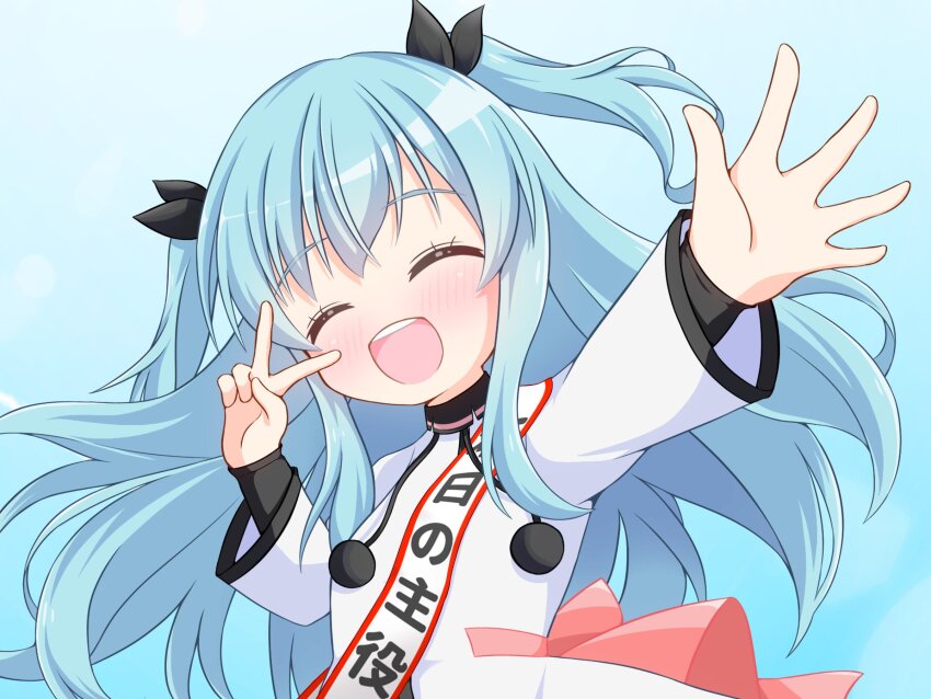 1girl beenyan_23_4 blue_background blue_hair blush closed_eyes feet_out_of_frame female_focus highres long_hair long_sleeves no_nose noel_(sora_no_method) open_mouth pom_pom_(clothes) ribbon sash simple_background sleeves_past_wrists solo sora_no_method standing teeth v very_long_hair