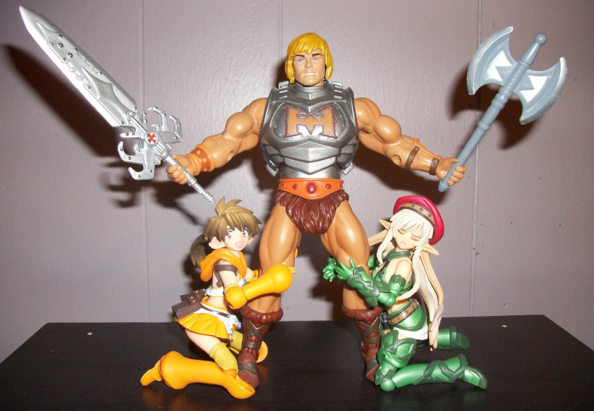 2girls absurdres alleyne_(queen&#039;s_blade) armor axe barbarian bare_shoulders battle_axe beret blonde_hair blue_eyes breastplate brown_hair closed_eyes crossover double_bladed_axe dual_wielding elf figure hat he-man highres holding indoors kneeling leg_brab loincloth long_hair looking_at_viewer masters_of_the_universe microskirt midriff multiple_girls muscular nowa_(queen&#039;s_blade) photo_(medium) pointy_ears queen&#039;s_blade red_headwear revoltech sidelocks skirt standing sword weapon white_hair