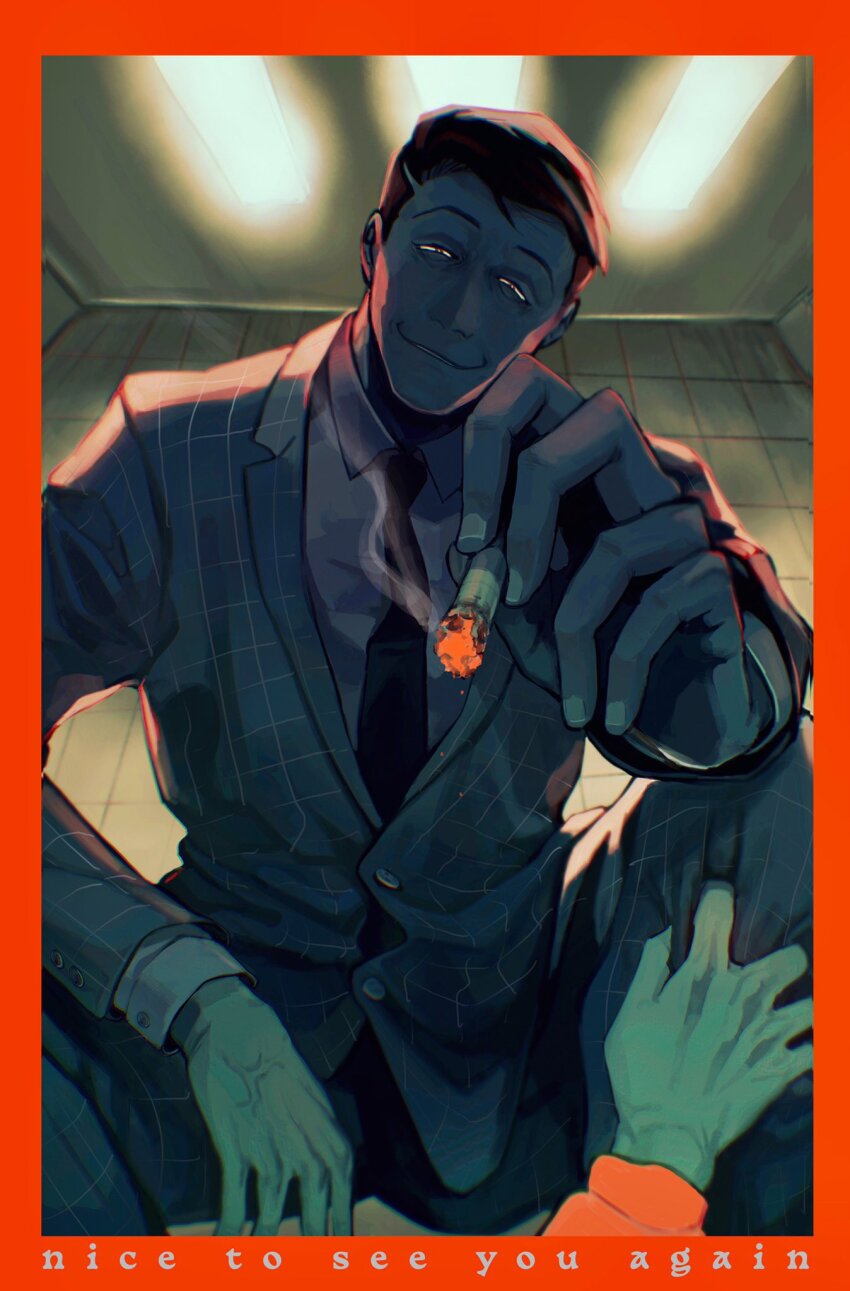 2boys backlighting cigarette duo_chromatic embers evil_grin evil_smile fingernails formal_clothes grin highres holding holding_cigarette leg_grab looking_at_viewer male_focus maririnbo matsuno_osomatsu multiple_boys osomatsu-san osomatsu_(series) overhead_lights red_eyes red_theme smile smoking suit tougou_(osomatsu-kun) veins veiny_hands