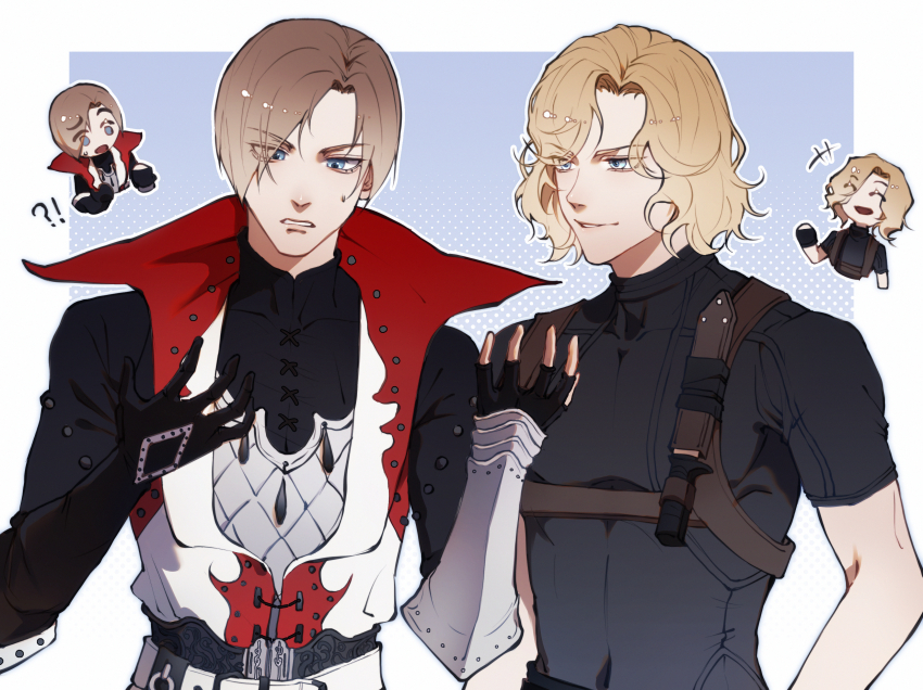 !? 2boys absurdres armor belt black_gloves black_shirt blonde_hair blue_background blue_eyes brown_hair castlevania:_lament_of_innocence castlevania_(series) chibi chibi_inset closed_eyes closed_mouth commentary cosplay costume_switch curtained_hair earrings english_commentary fingerless_gloves fireicers gauntlets gloves harness high_collar highres holster jewelry leon_belmont leon_belmont_(cosplay) leon_s._kennedy leon_s._kennedy_(cosplay) male_focus multiple_boys name_connection open_mouth parted_bangs parted_lips resident_evil resident_evil_4 shirt short_hair short_sleeves single_gauntlet smile sweatdrop upper_body
