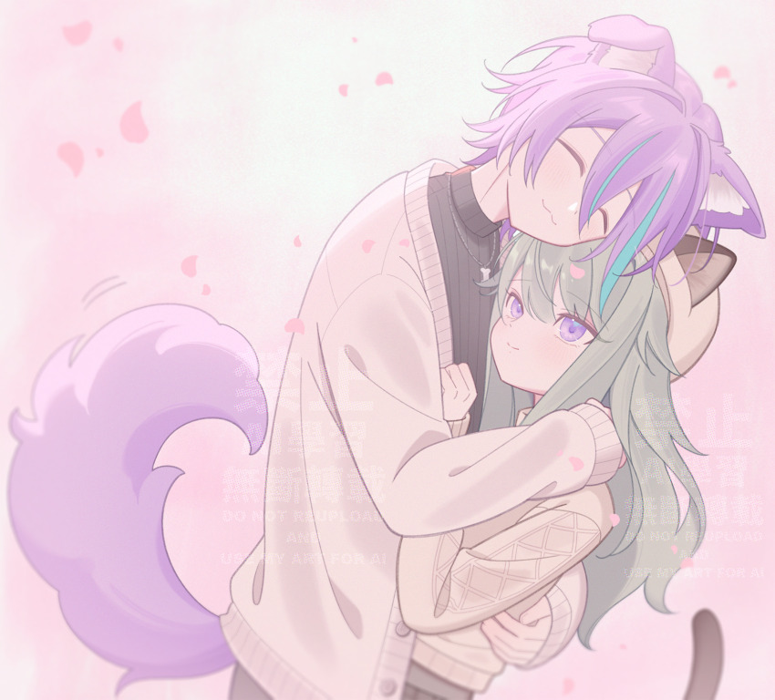 1boy 1girl :3 ^_^ animal_ears black_sweater blue_streaks blurry bone_necklace brown_tail cardigan casual cat_ears cat_girl cat_tail chin_rest closed_eyes closed_mouth commentary_request couple depth_of_field dog_boy dog_ears dog_tail ears_through_headwear falling_petals green_hair hand_on_another&#039;s_chest hand_on_another&#039;s_shoulder hand_on_another&#039;s_waist happy hat head_on_head head_rest height_difference hetero highres hug ire_(vampirero) kamishiro_rui kemonomimi_mode kusanagi_nene light_smile long_hair looking_at_another looking_up motion_lines multicolored_hair mutual_hug open_cardigan open_clothes petals pink_background pink_petals project_sekai purple_eyes purple_hair purple_tail short_hair smile streaked_hair sweater tail tail_raised two-tone_hair upper_body very_short_hair watermark white_cardigan white_hat