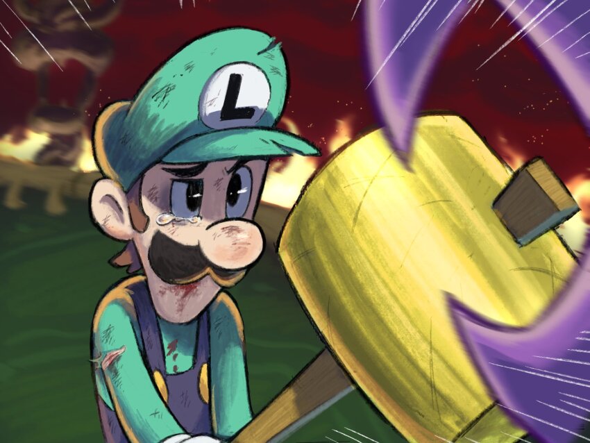 1boy blue_overalls brown_hair cackletta facial_hair gloves green_headwear green_shirt hammer hat highres holding holding_hammer luigi mario_&amp;_luigi:_superstar_saga mario_&amp;_luigi_rpg mario_&amp;_luigi_rpg_(style) mario_(series) mustache nintendo overalls shirt short_hair upper_body white_gloves ya_mari_6363