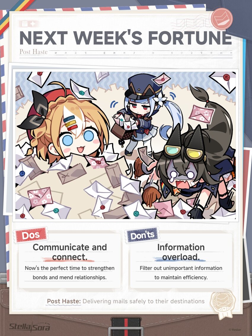 3girls :3 :d ahoge beret black_hair blue_eyes blue_hair blunt_bangs blush_stickers braid closed_mouth commentary crown_braid donna_(stella_sora) english_commentary english_text envelope fang freesia_(stella_sora) goggles goggles_on_head hair_ornament hairclip hat heterochromatic_eyewear highres kurihara_sakura long_hair low-tied_long_hair multi-tied_hair multicolored_hair multiple_girls o_o official_art one_side_up open_mouth orange_hair parallel_hairclips pile post_haste_(stella_sora) red_eyes red_hat side_ponytail skin_fang smile stella_sora streaked_hair sweatdrop teresa_(stella_sora) tinted_eyewear too_many turn_pale white_hair