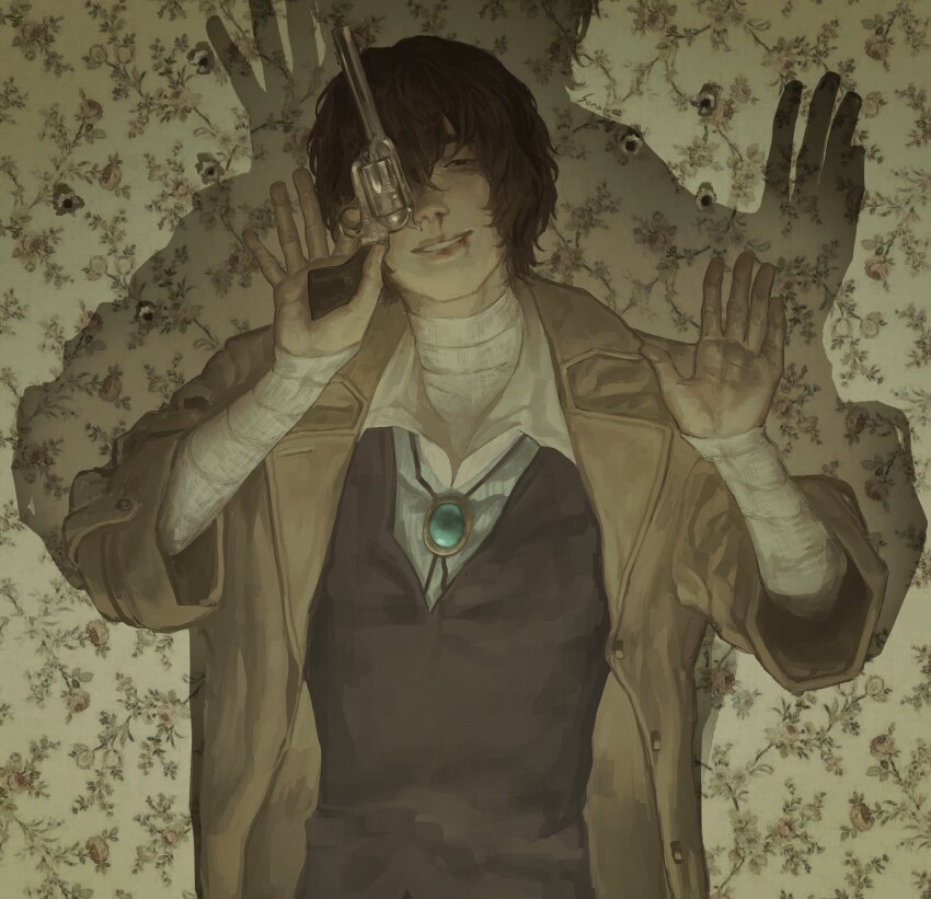 1boy bandages black_hair blood blood_on_face bungou_stray_dogs coat commentary dazai_osamu_(bungou_stray_dogs) english_commentary gun hair_between_eyes highres holding holding_gun holding_weapon looking_at_viewer male_focus shadow short_hair solo sonaireeart upper_body weapon