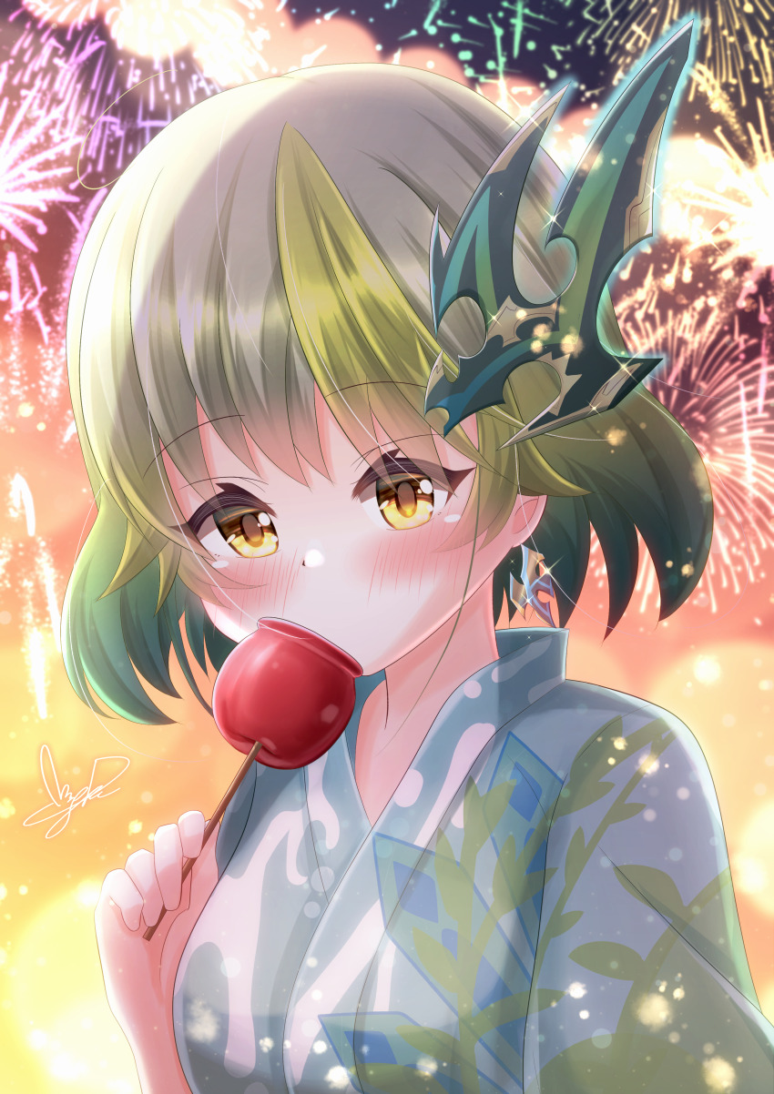 1girl absurdres aerial_fireworks aqua_hair breasts colored_inner_hair dragon_musume_ni_naritakunai! duel_masters earrings fireworks food gradient_background green_hair hair_ornament highres holding_candy_apple japanese_clothes jewelry kimono large_breasts light_blush looking_at_viewer masanohe_(etoileair) medium_hair multicolored_hair nagareboshi_asche print_kimono signature solo upper_body yellow_eyes