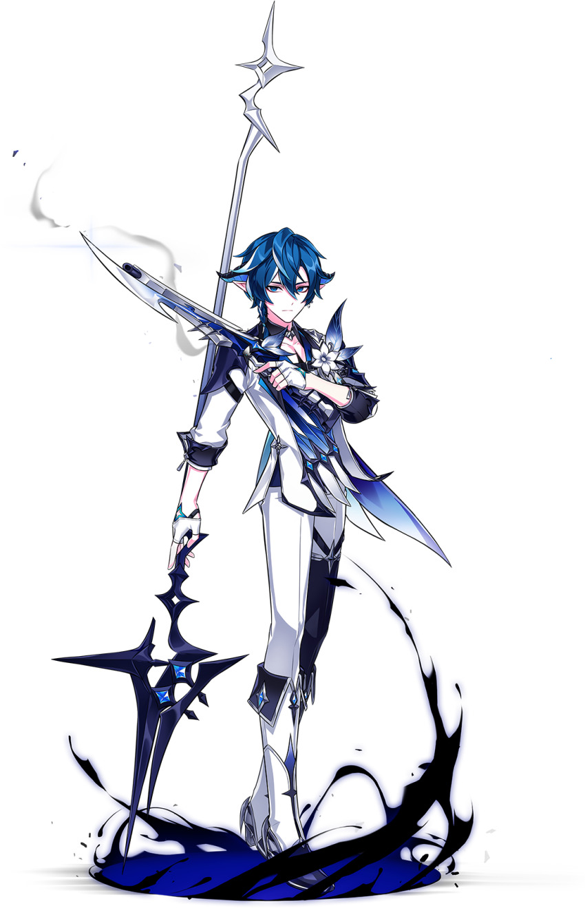 1boy asymmetrical_pants belt black_belt black_collar black_pantyhose black_sleeves blue_eyes blue_hair blue_jacket boots ciel_(elsword) closed_mouth collar darkness detached_collar dot_nose dress_pants dual_wielding elsword expressionless fingerless_gloves floating_clothes formal_clothes full_body game_cg glaive_(polearm) gloves gun hair_between_eyes highres holding holding_gun holding_polearm holding_weapon hwansang jacket juliet_sleeves knee_boots light_frown long_sleeves looking_at_viewer magic male_focus multicolored_hair official_art pants pantyhose pointy_ears polearm puffy_sleeves second-party_source short_hair smoke solo standing streaked_hair suit three-quarter_sleeves transparent_background two-sided_fabric two-sided_jacket weapon white_boots white_gloves white_hair white_jacket white_pants white_suit