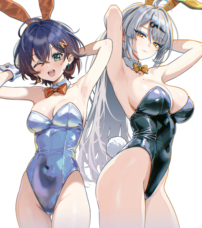 2girls absurdres alternate_costume animal_ears armpits arms_behind_head arms_up belle_(zenless_zone_zero) black_leotard blue_hair blue_leotard bow bowtie breasts chromatic_aberration cleavage collar collarbone commentary_request covered_navel detached_collar earrings fake_animal_ears fake_tail green_eyes grey_hair hair_between_eyes hair_ornament highleg highleg_leotard highres jewelry large_breasts leotard letter_hair_ornament light_blush long_hair looking_at_viewer mole mole_on_breast multiple_girls one_eye_closed open_mouth orange_bow orange_bowtie playboy_bunny rabbit_ears rabbit_tail short_hair smile strapless strapless_leotard tail textless_version thigh_gap thighs umamipesto very_long_hair white_collar white_wrist_cuffs wrist_cuffs yellow_bow yellow_bowtie yellow_eyes yi_xuan_(zenless_zone_zero) zenless_zone_zero