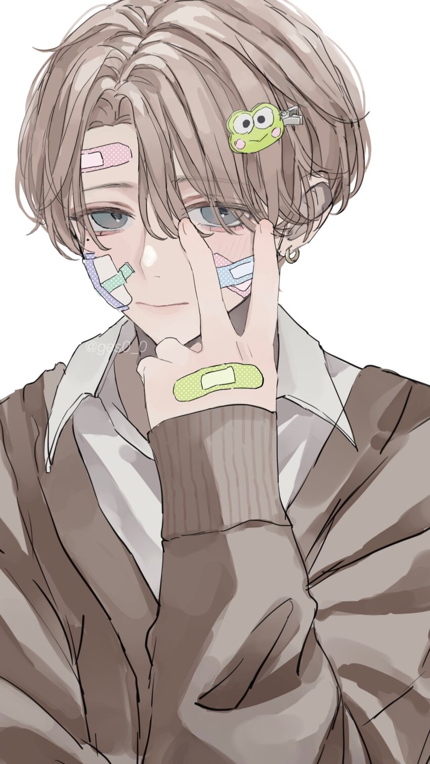 1boy absurdres animal_hair_ornament bandaid bandaid_on_cheek bandaid_on_face bandaid_on_forehead bandaid_on_hand blue_eyes brown_sweater character_hair_ornament closed_mouth collared_shirt commentary eyes_visible_through_hair frog_hair_ornament gauze gauze_on_cheek ges0_0 hair_ornament hair_over_one_eye hairclip highres kero_kero_keroppi keropii light_brown_hair long_sleeves looking_at_viewer male_focus mole mole_under_eye open_collar original parted_hair sanrio shirt short_hair simple_background sleeves_past_wrists solo sweater symbol-only_commentary upper_body v white_background white_shirt