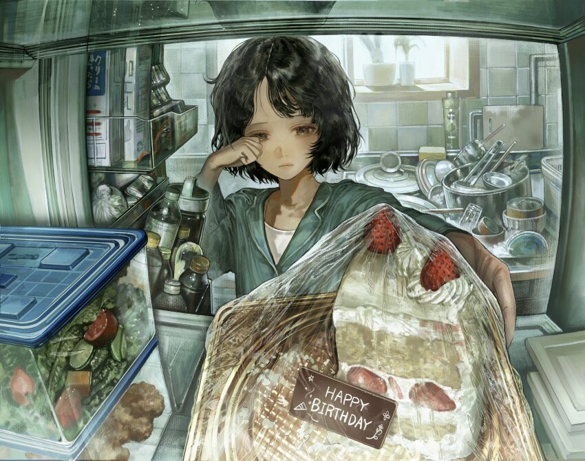 1girl absurdres aqua_pajamas birthday_cake black_hair bottle bowl brown_eyes cake chicken_(food) commentary cooking_pot cutting_board food fried_chicken fruit highres ikuta41 indoors looking_at_viewer original pajamas parted_bangs plant plastic_wrap potted_plant refrigerator_interior rubbing_eyes salad short_hair solo strawberry strawberry_cake tile_wall tiles window