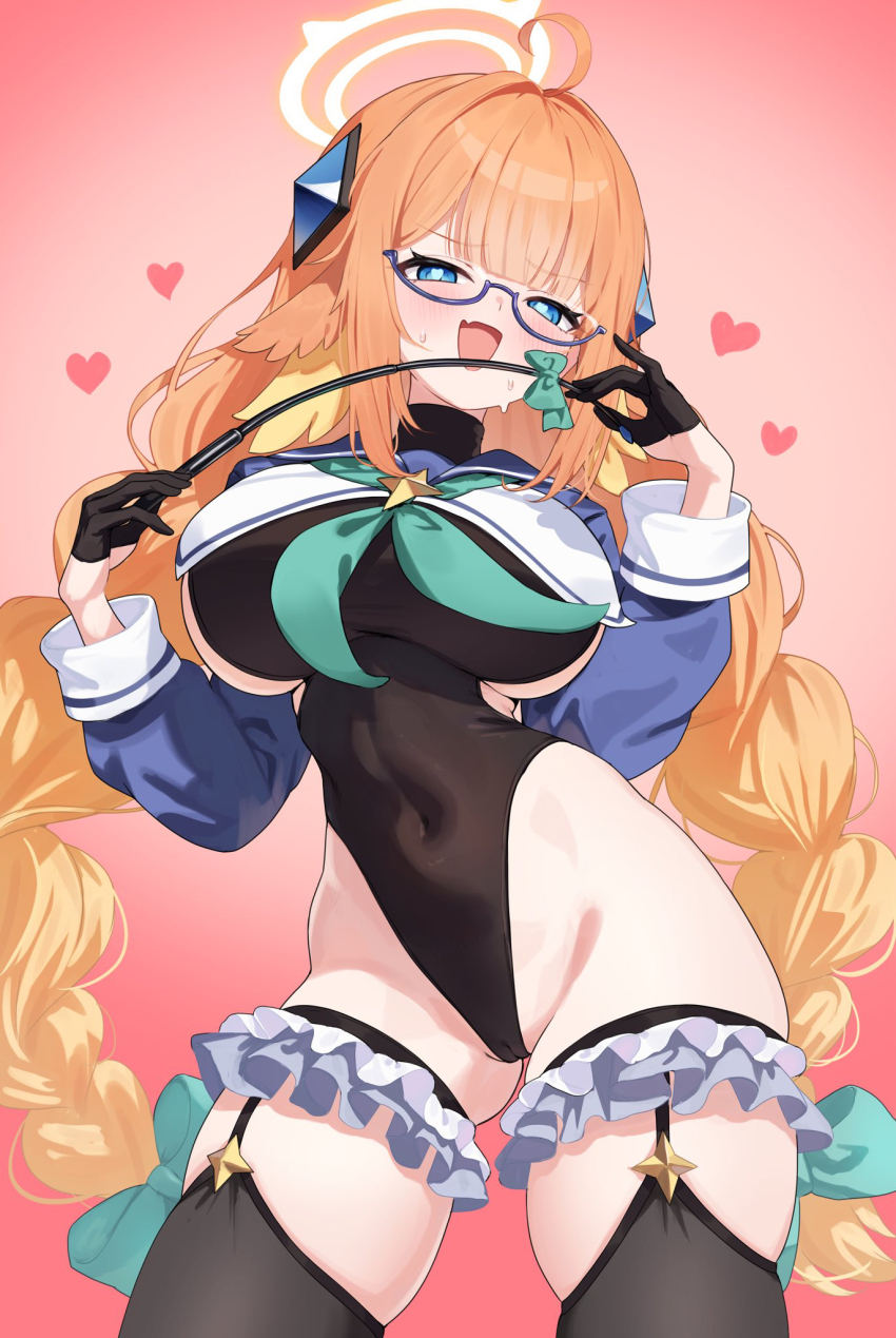 1girl :d ahoge black_gloves black_leotard blue_archive blue_shrug braid braided_twintails breasts cameltoe commentary_request covered_navel fang feather_hair feathers female_pubic_hair frills glasses gloves half_gloves halo heart heart-shaped_pupils highres holding holding_riding_crop impossible_clothes impossible_leotard large_breasts leotard long_hair looking_at_viewer low_twin_braids open_mouth orange_hair pubic_hair pubic_hair_peek riding_crop shimiko_(blue_archive) shimiko_(magical)_(blue_archive) shrug_(clothing) simple_background sketch skin_fang smile solo symbol-shaped_pupils tansui_san_(tcjp4784) twin_braids very_long_hair yellow_feathers yellow_halo