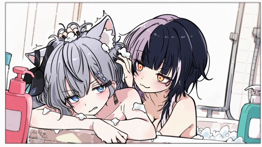 2girls :3 animal_ear_fluff animal_ears asami-chan black_hair blue_eyes blush cat_ears cat_girl collarbone grey_hair hand_in_another&#039;s_hair highres hololive hololive_english hololive_indonesia kemonomimi_mode long_hair multicolored_hair multiple_girls shared_bathing shiori_novella signature soap_bottle soap_bubbles split-color_hair vestia_zeta virtual_youtuber wet white_hair yellow_eyes