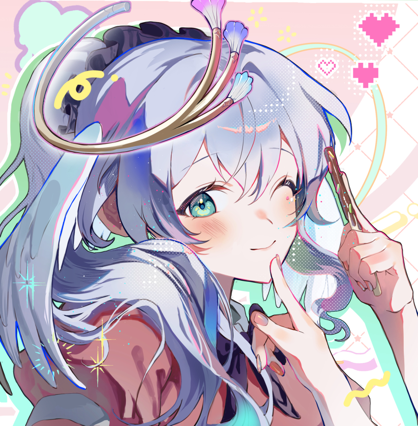 1girl alternate_costume aqua_eyes aqua_hair blush feathered_wings food frilled_hairband frills hairband head_wings highres holding holding_food holding_pocky honkai:_star_rail honkai_(series) index_finger_raised long_hair looking_at_viewer naroo one_eye_closed pink_nails pocky ponytail robin_(honkai:_star_rail) short_sleeves smile solo wings