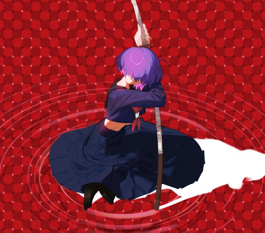 1girl black_shoes blue_skirt breasts colored_shadow facing_to_the_side facing_viewer full_body grin head_tilt highres holding holding_sword holding_weapon loafers long_sleeves mara_(raneblu) medium_breasts necktie ootachi optical_illusion original primrose_field_illusion purple_hair purple_shirt raneblu red_necktie ripples sailor_collar school_uniform shadow shirt shoes short_hair sitting skirt smile solo sword twitter_username underboob weapon