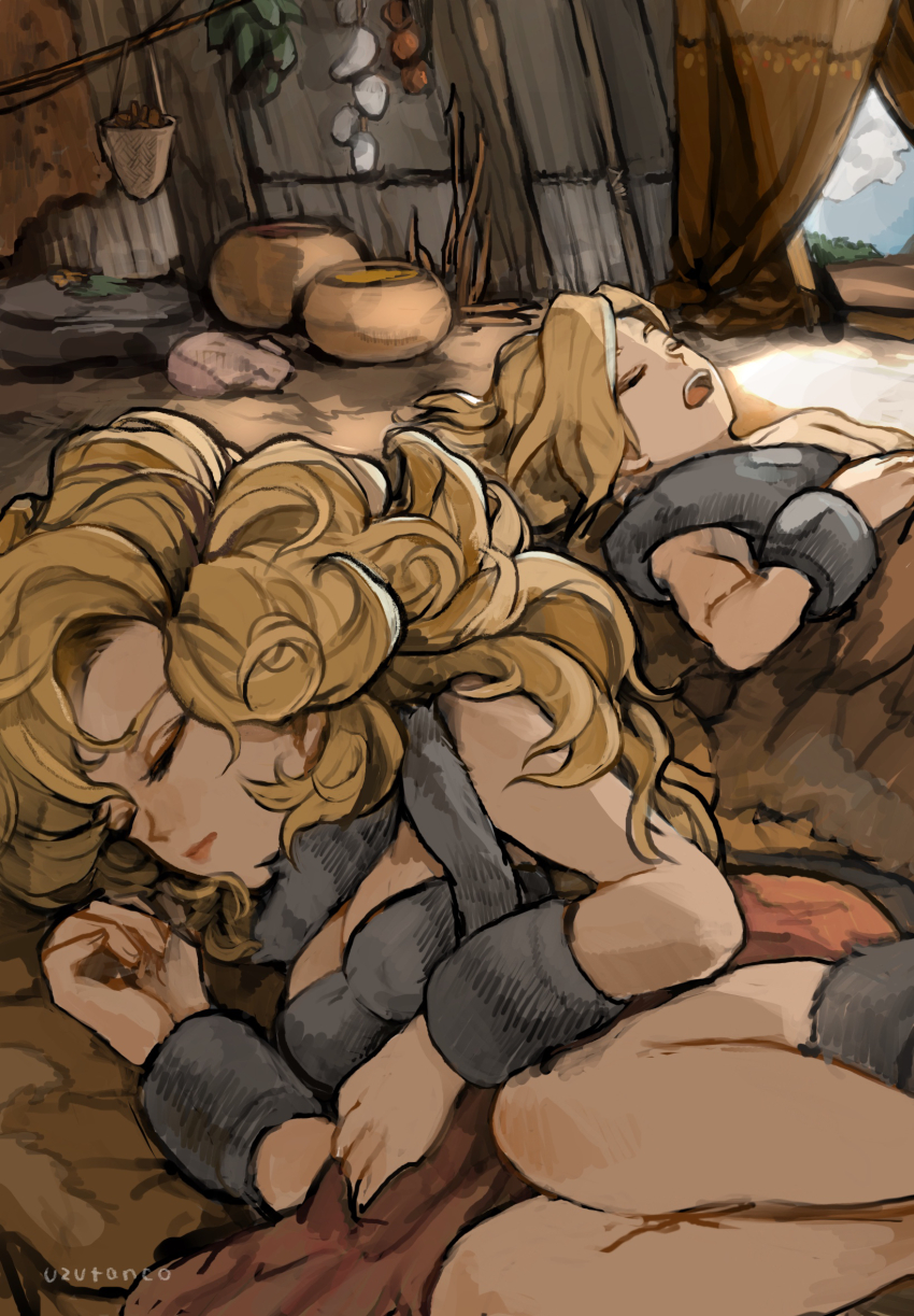 1boy 1girl artist_name ayla_(chrono_trigger) basket blonde_hair breasts chrono_trigger cleavage fur_bikini fur_blanket fur_cuffs fur_scarf fur_shirt gourd highres hut jar kino_(chrono_trigger) lying medium_breasts on_back on_side open_mouth rope signature sleeping sleeping_bag stick teeth tongue translation_request upper_teeth_only uzutanco wrist_cuffs