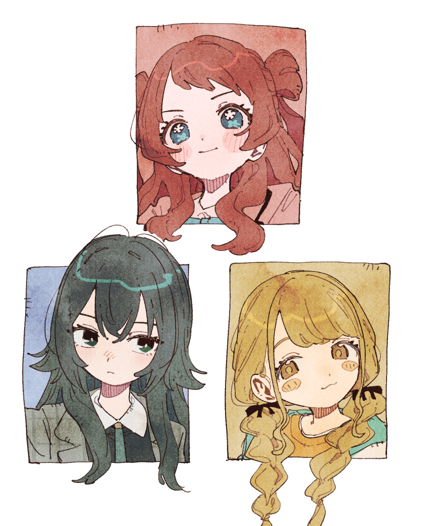 3girls :3 black_ribbon blonde_hair blush braid brown_hair commentary flower fujita_kotone gakuen_idolmaster green_hair hair_flower hair_ornament hair_ribbon hanami_saki hatsuboshi_gakuen_school_uniform highres idolmaster light_smile long_hair multiple_girls nama_udon outside_border portrait ribbon school_uniform tsukimura_temari twin_braids