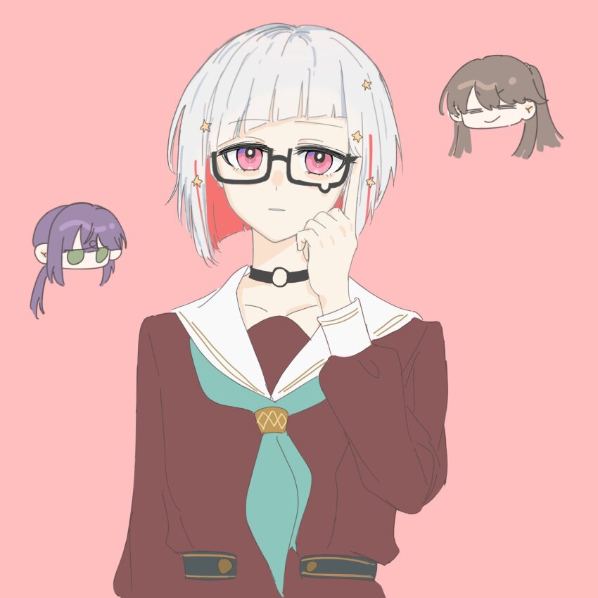 &gt;:) 3girls =_= aqua_neckerchief black-framed_eyewear bob_cut brown_dress brown_hair chibi chibi_inset closed_eyes closed_mouth commentary diagonal_bangs dress fujishima_megumi glasses green_eyes hair_ornament hasu_no_sora_school_uniform highres inverted_bob jitome link!_like!_love_live! long_hair long_sleeves love_live! low_ponytail multicolored_hair multiple_girls neckerchief otomune_kozue parted_lips pink_background pink_eyes ponytail purple_hair rai_(kn51ll) red_hair sailor_collar sailor_dress school_uniform semi-rimless_eyewear short_eyebrows short_hair simple_background smile solo_focus star_(symbol) star_hair_ornament streaked_hair symbol-only_commentary teardrop-framed_glasses two_side_up under-rim_eyewear v-shaped_eyebrows virtual_youtuber white_hair white_sailor_collar winter_uniform yugiri_tsuzuri