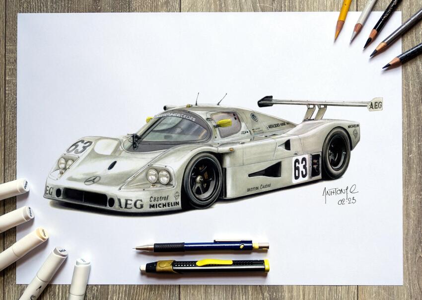 absurdres anthony-c art_tools_in_frame car castrol commentary english_commentary highres le_mans_prototype mercedes-benz michelin motor_vehicle no_humans photo_(medium) race_vehicle racecar radio_antenna sauber sauber_c9 simple_background spoiler_(automobile) traditional_media vehicle_focus white_background world_sportscar_championship