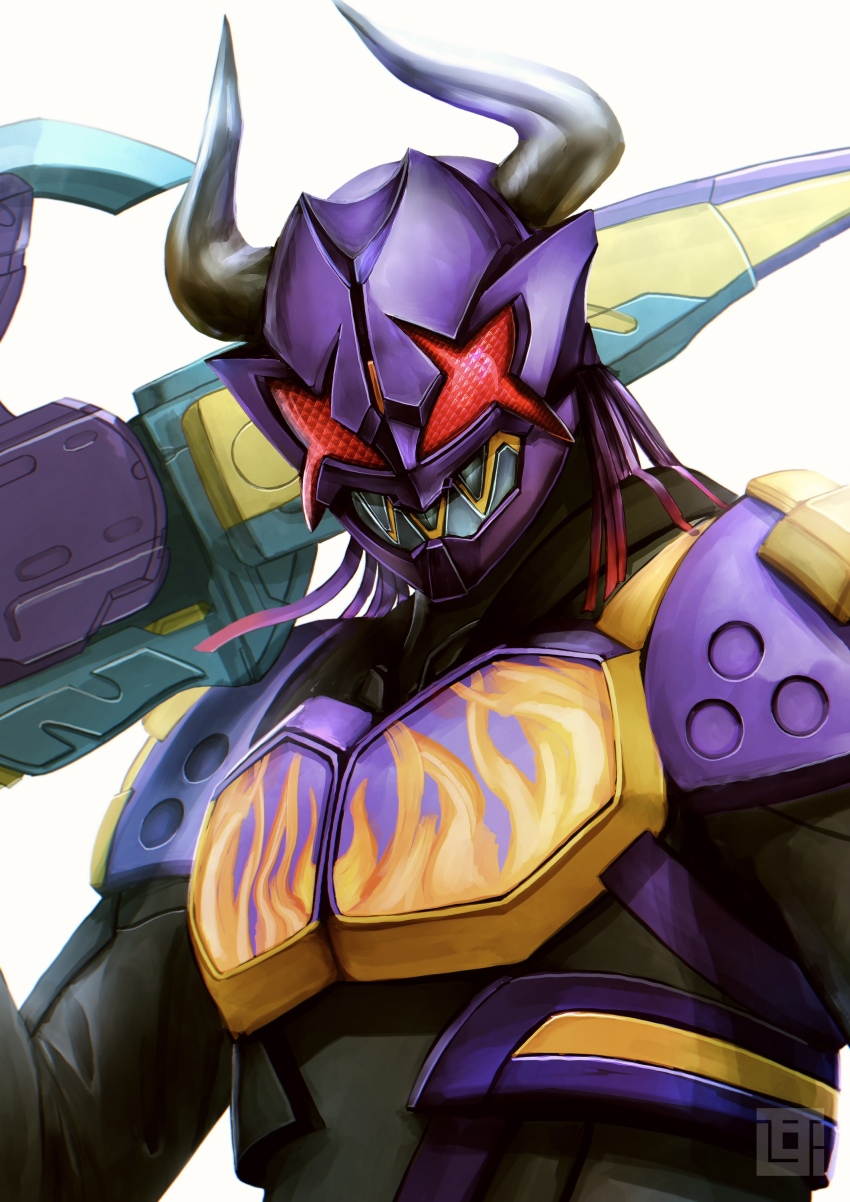 1boy absurdres adapted_costume alternate_costume alternate_eye_color armor artist_logo breastplate buffalo commentary_request fire flame_print highres holding holding_sword holding_weapon kamen_rider kamen_rider_buffa kamen_rider_geats_(series) kamen_rider_revi kamen_rider_revice kozsen_810290 logo revicelasher sharp_teeth shoulder_armor sword teeth tokusatsu upper_body volcano volcano_rex weapon white_background