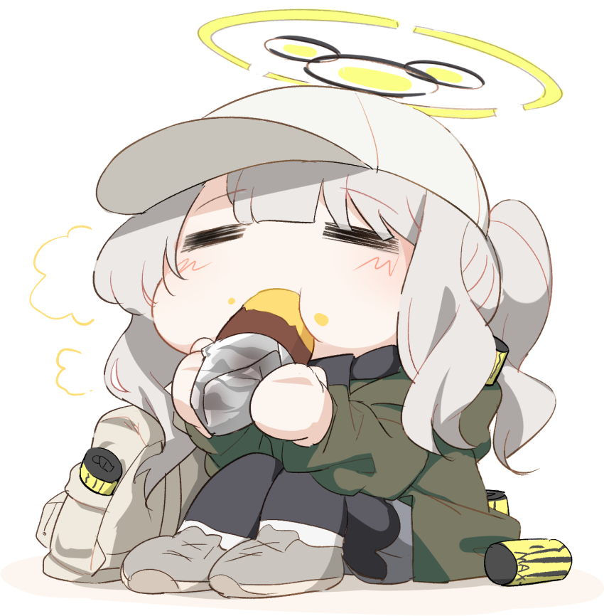 1girl =_= backpack bag black_pantyhose blue_archive blunt_bangs blush chibi closed_eyes commentary csham eating food food_in_mouth food_on_face full_body grey_hair halo hare_(blue_archive) hare_(camp)_(blue_archive) hat highres holding holding_food knees_up official_alternate_costume pantyhose peaked_cap ponytail roasted_sweet_potato sidelocks simple_background sitting solo sweet_potato white_background white_hat yellow_halo