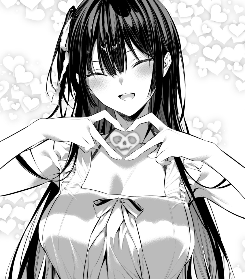 1girl apron black_hair blush breasts closed_eyes collarbone frilled_apron frills hair_between_eyes hair_ribbon haite_kudasai_takamine-san heart heart_background heart_hands highres hiiragi_yuuichi large_breasts long_hair monochrome naked_apron open_mouth ribbon solo takamine_takane upper_body