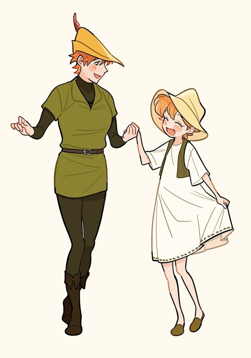 2girls belt blush_stickers br&#039;er_fox_(disney) brown_belt brown_footwear brown_vest closed_eyes dress fang full_body genderswap genderswap_(mtf) green_pants green_tunic hat hat_feather highres holding_hands humanization multiple_girls open_mouth orange_hair pants robin_hood_(disney_character) robin_hood_(disney_movie) solo song_of_the_south tunic uochandayo vest white_dress yellow_hat