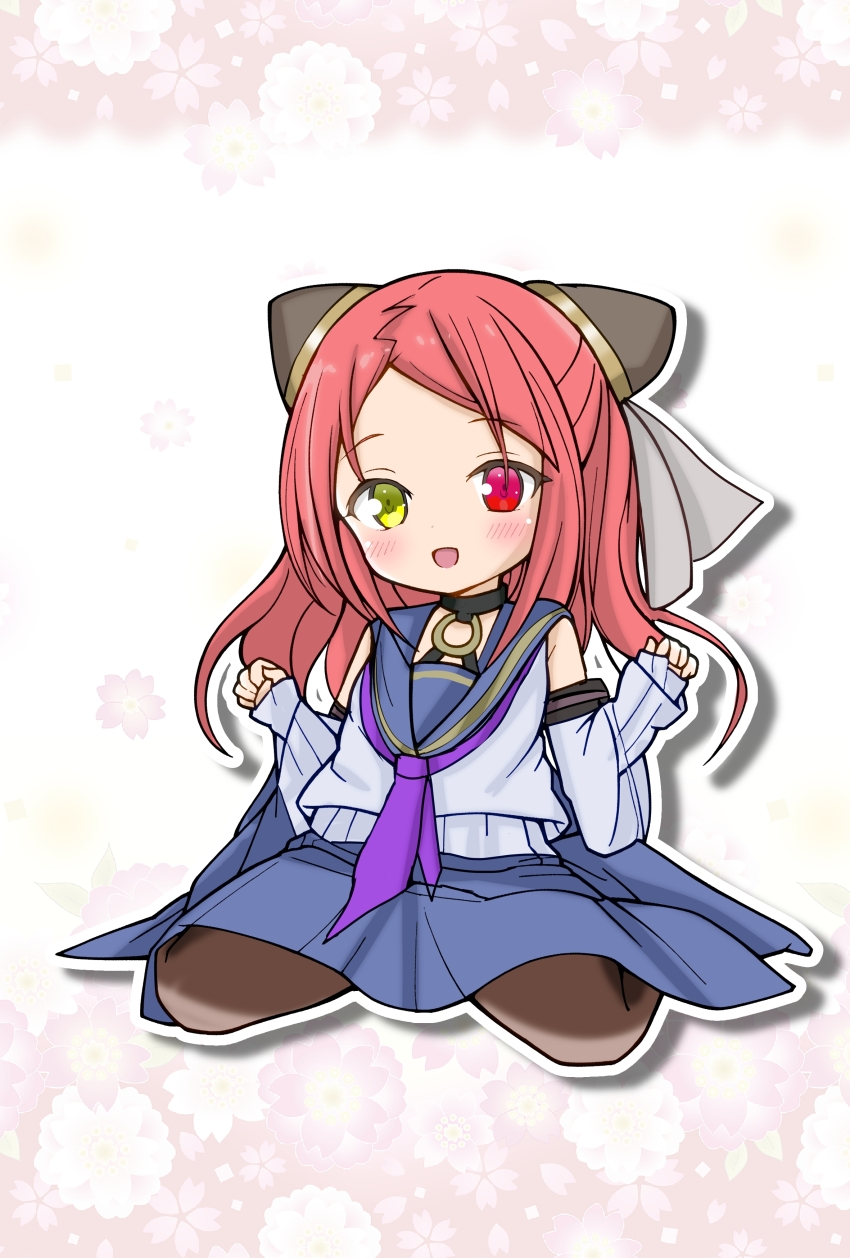 1girl absurdres age_regression aged_down arms_up assault_lily black_choker blue_sailor_collar blue_skirt blush brown_pantyhose child choker commentary detached_sleeves ebisu_nobu floral_background flower full_body green_eyes grey_shirt hairpods hands_up heterochromia highres layered_sleeves long_hair long_sleeves looking_at_viewer miniskirt neckerchief o-ring o-ring_choker odaiba_girls_high_school_uniform open_mouth outline pantyhose parted_bangs pink_background pink_flower purple_neckerchief red_eyes red_hair ribbed_shirt sailor_collar school_uniform serafuku shiba_tomoshibi shirt sitting skirt sleeveless sleeveless_shirt sleeves_past_wrists smile solo waist_cape wariza white_background white_flower white_outline