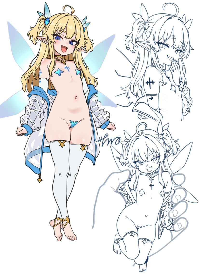 absurdres ahoge blonde_hair blue_eyes fairy fairy_wings flat_chest grin highres long_hair maebari mini_person minigirl naughty_face navel negationtenmaru ofuda ofuda_on_pussy open_mouth original pointy_ears simple_background smile thighhighs white_background white_thighhighs wings