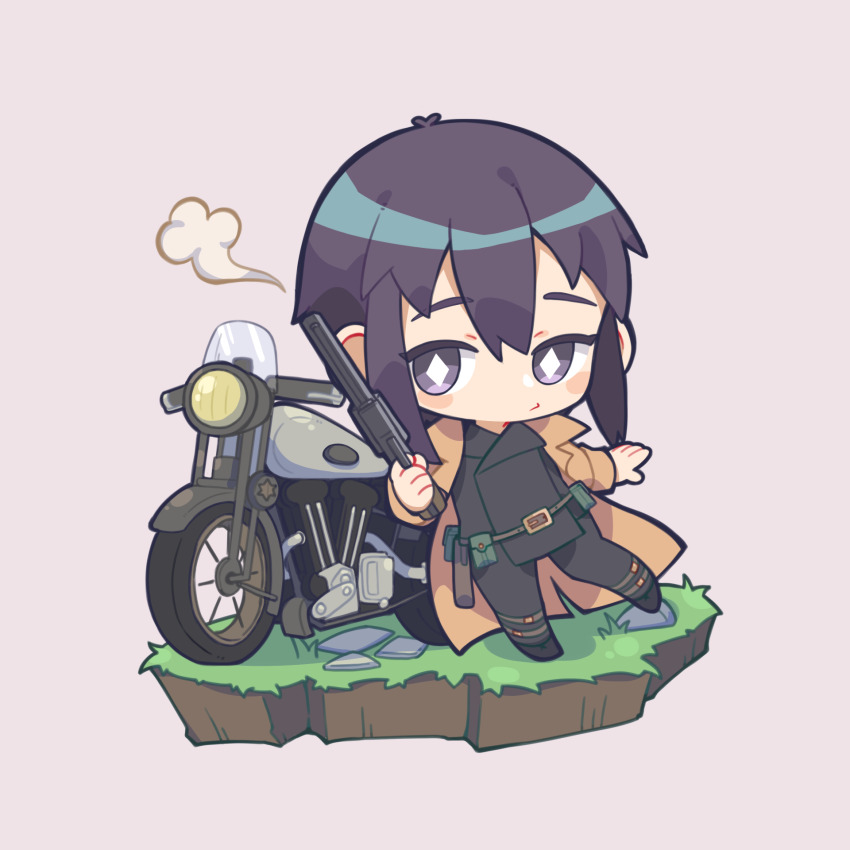 1girl belt belt_pouch black_jacket black_pants bright_pupils brown_coat chibi chibi_only closed_mouth coat colt_1851_navy commentary_request diamond-shaped_pupils diamond_(shape) expressionless full_body grass grey_background gun handgun hermes_(kino_no_tabi) highres holding holding_gun holding_weapon isometric jacket kino_(kino_no_tabi) kino_no_tabi kokuya_(kokuya28) looking_at_viewer motor_vehicle motorcycle open_clothes open_coat pants pouch purple_eyes purple_hair revolver short_hair simple_background smoke smoking_barrel solo symbol-shaped_pupils weapon white_pupils