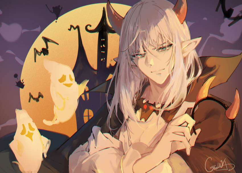 1boy alternate_costume bat_(animal) black_cape blue_eyes cape castle chinese_commentary collarbone collared_cape commentary crossed_arms elezen elf estinien_varlineau final_fantasy final_fantasy_xiv full_moon ghost hair_over_eyes halloween halloween_costume high_collar horns long_hair male_focus moon night night_sky pointy_ears puffy_sleeves shengxianxiaoyupian shirt signature sky smile smoke solo twilight upper_body white_hair white_shirt