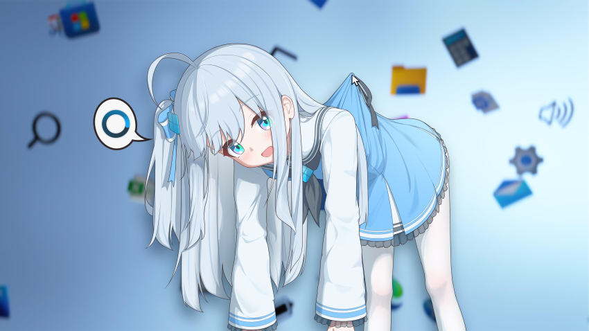 1girl absurdres black_neckerchief blue_dress blue_eyes cursor desktop_(computing) dress dsfr floating highres lifting_person long_sleeves looking_at_viewer madobe_ichika microsoft_windows neckerchief pantyhose sailor_collar solo spoken_o white_hair white_pantyhose white_sailor_collar windows_11