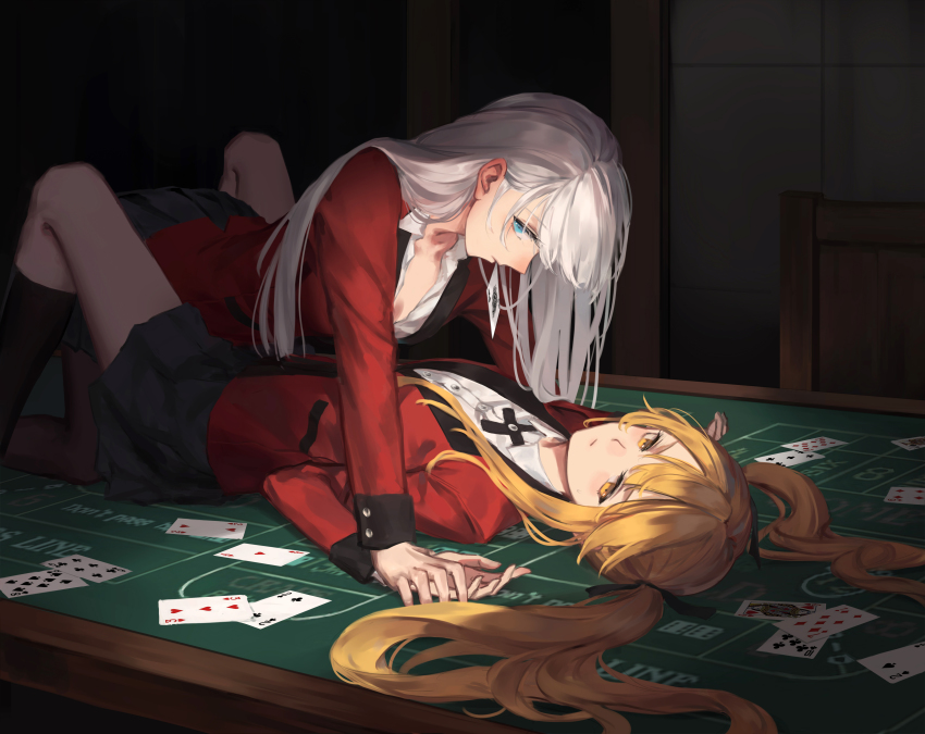 2girls absurdres ace_(playing_card) ace_of_hearts ace_of_spades bamboo_nima black_socks blonde_hair blue_eyes card card_in_mouth chair commentary_request cross_tie eyelashes girl_on_top hair_ribbon heart highres holding_hands indoors jack_(playing_card) jack_of_spades jacket kakegurui kneehighs long_hair looking_to_the_side lying momobami_ririka mouth_hold multiple_girls on_back pantyhose playing_card poker_table queen_(playing_card) queen_of_hearts_(playing_card) red_jacket ribbon saotome_mary school_uniform silver_hair skirt socks spade_(shape) table twintails unbuttoned unbuttoned_shirt yellow_eyes yuri