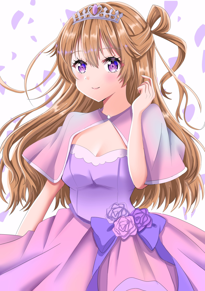 1girl breasts brown_hair cleavage konoe_kanata long_hair love_live! love_live!_nijigasaki_high_school_idol_club maymaru purple_eyes smile solo