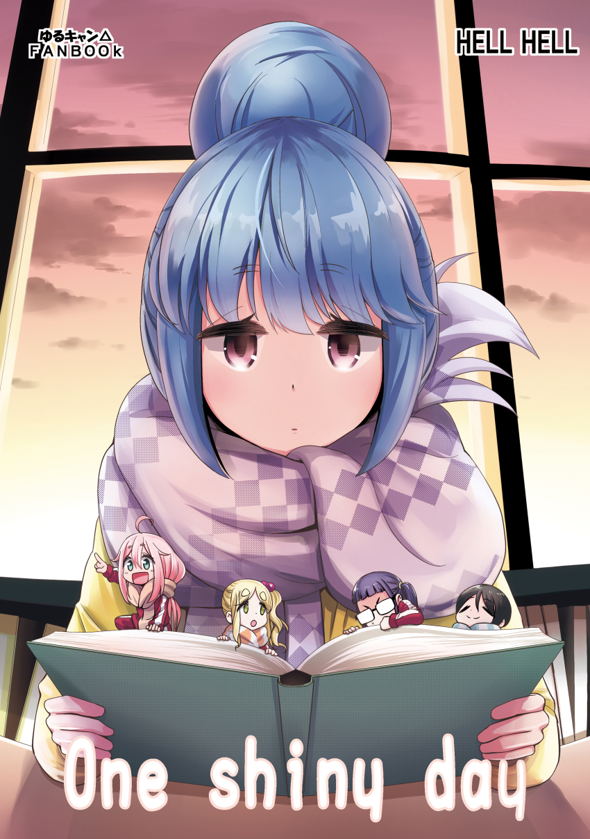5girls =_= absurdres ahoge black_hair blonde_hair blue_eyes blue_hair blue_scarf blunt_bangs book brown_scarf cardigan closed_eyes closed_mouth double-parted_bangs english_text expressionless fang glasses green_eyes hair_between_eyes hair_bobbles hair_bun hair_ornament highres holding holding_book indoors inuyama_aoi kagamihara_nadeshiko long_hair mini_person multiple_girls n2midori oogaki_chiaki opaque_glasses open_mouth orange_scarf parted_bangs pink_hair pointing purple_eyes purple_hair purple_scarf red_track_suit saitou_ena scarf shima_rin side_ponytail single_hair_bun skin_fang smile striped_clothes striped_scarf sunset sweatdrop track_suit two-tone_scarf upper_body white_scarf window yellow_cardigan yurucamp