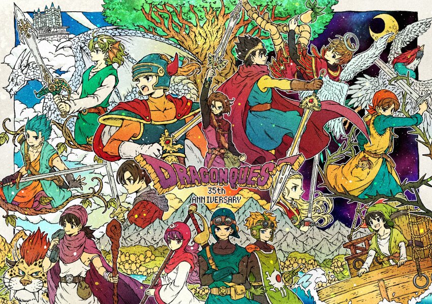 2girls 6+boys ancestor_and_descendant anlucea armor bandana belt black_hair blonde_hair blue_eyes blue_gloves blue_hair boat borongo brown_belt brown_hair cape character_request commentary_request copyright_name cousins crossed_arms dragon dragon_quest dragon_quest_i dragon_quest_ii dragon_quest_iii dragon_quest_iv dragon_quest_ix dragon_quest_v dragon_quest_vi dragon_quest_vii dragon_quest_viii dragon_quest_x dragon_quest_xi ear_piercing fake_horns fingerless_gloves gloves goggles goggles_on_headwear green_gloves green_hair halo helmet hero_(dq1) hero_(dq10) hero_(dq11) hero_(dq3) hero_(dq4) hero_(dq5) hero_(dq6) hero_(dq7) hero_(dq8) hero_(dq9) highres holding holding_staff holding_sword holding_weapon horned_helmet horns multiple_boys multiple_girls munchie_(dq8) orange_bandana piercing prince_of_lorasia prince_of_samantoria princess_of_moonbrook purple_eyes purple_hair roto&#039;s_emblem roto_(dq3) staff sword toriga tree watercraft weapon wings