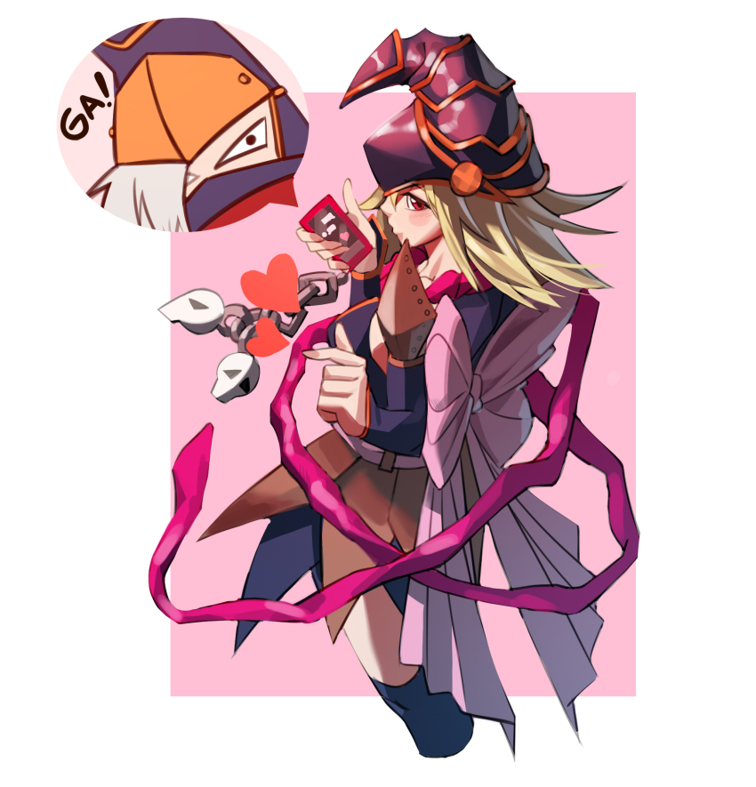 10_09hwan 1girl black_hat black_shirt blonde_hair border breasts cellphone cowboy_shot duel_monster gagaga_girl gagaga_magician hat highres holding holding_phone medium_breasts medium_hair phone pink_background red_eyes shirt simple_background skirt smartphone solo_focus white_border yu-gi-oh!