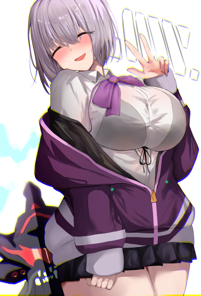 11boachan 1boy 1girl ^_^ alexis_kerib black_bra blush bra bra_visible_through_clothes breasts closed_eyes gridman_universe highres jacket jacket_partially_removed large_breasts light_purple_hair miniskirt necktie nose_blush partially_unzipped pleated_skirt purple_jacket purple_ribbon ribbon shinjou_akane shirt short_hair skirt smile solo_focus ssss.gridman underwear w white_shirt