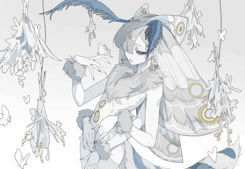1girl absurdres arthropod_girl black_sclera blue_nails colored_eyelashes colored_sclera colored_skin commentary earrings extra_arms glaw highres hoop_earrings insect_girl insect_wings jewelry moth_girl moth_wings original silk_moth white_skin wings