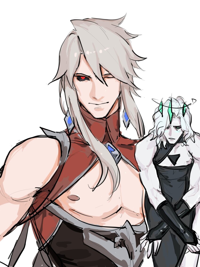 2boys ;) bare_shoulders black_dress black_gloves black_sclera colored_sclera colored_skin crossdressing dress fingerless_gloves gloves grey_hair grey_skin highres hole_in_chest hole_on_body league_of_legends long_hair looking_at_viewer male_focus multiple_boys one_eye_closed parted_lips red_dress red_eyes smile teeth viego_(league_of_legends) viegoletmefu vladimir_(league_of_legends)