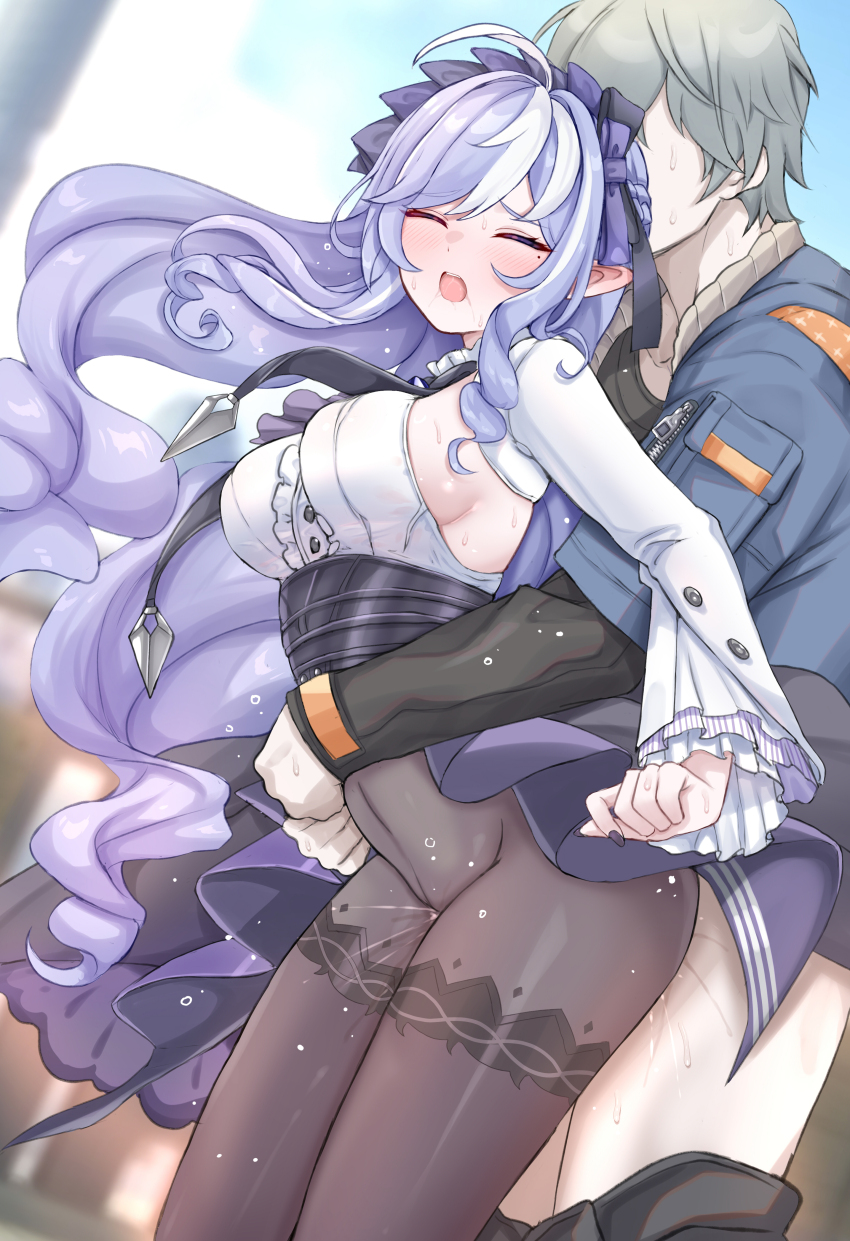 1boy 1girl absurdres ahoge black_pantyhose black_shirt blue_jacket blue_sky blush bow breasts center_frills closed_eyes clothed_sex commentary couple daram_(shappydude) day denim denim_jacket dress frills grey_hair hair_bow hetero high-waist_skirt highres hug hug_from_behind jacket large_breasts large_variant_set long_sleeves mole mole_under_eye multicolored_hair open_mouth outdoors pantyhose patterned_legwear pointy_ears purple_bow purple_eyes purple_hair purple_skirt revision sex sex_from_behind shirt short_hair showgirl_skirt sideboob skirt sky streaked_hair teeth two-tone_hair underbust upper_teeth_only variant_set vivian_banshee white_hair white_shirt wise_(zenless_zone_zero) zenless_zone_zero
