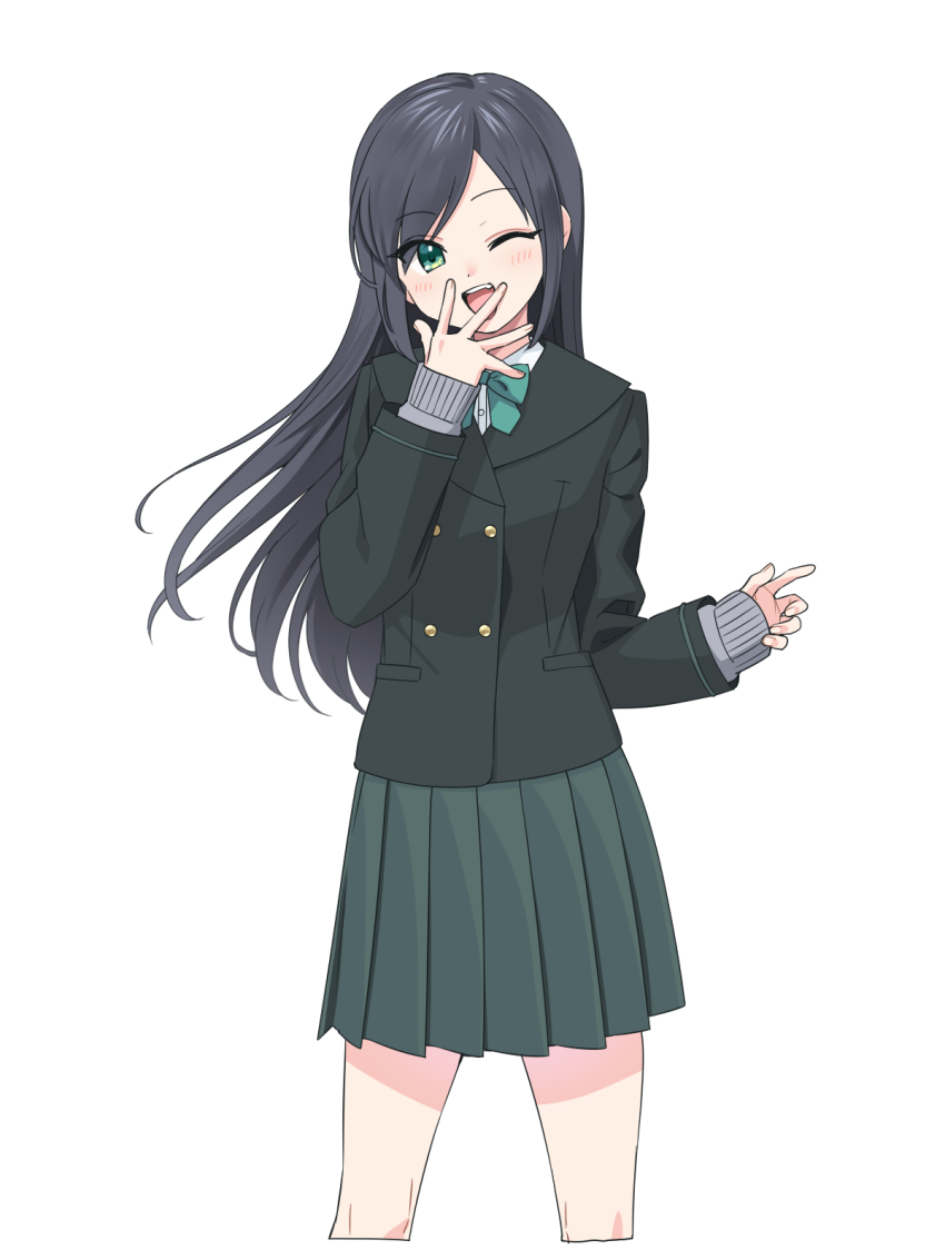 1girl blush bow bowtie cropped_legs green_eyes grey_hair highres kisaragi_hina long_hair looking_at_viewer one_eye_closed open_mouth original pleated_skirt simple_background skirt solo sweater teeth upper_teeth_only white_background