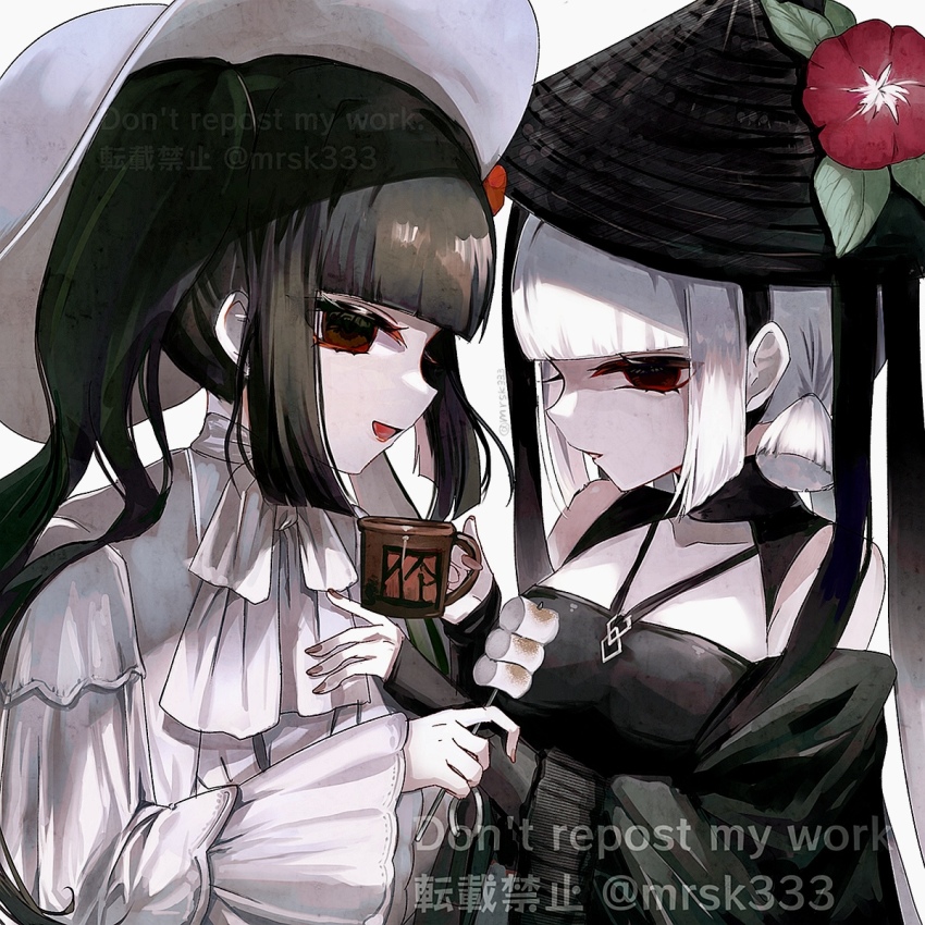 2girls bare_shoulders black_dress black_eyes black_hair blunt_bangs breasts colored_skin cup dress fate/grand_order fate_(series) grey_hair hat highres komahime_(fate) long_hair long_sleeves looking_at_viewer low_twintails multiple_girls murasaki_yuna off_shoulder open_mouth sen_no_rikyu_(fate) short_hair small_breasts smile twintails white_dress white_skin wide_sleeves