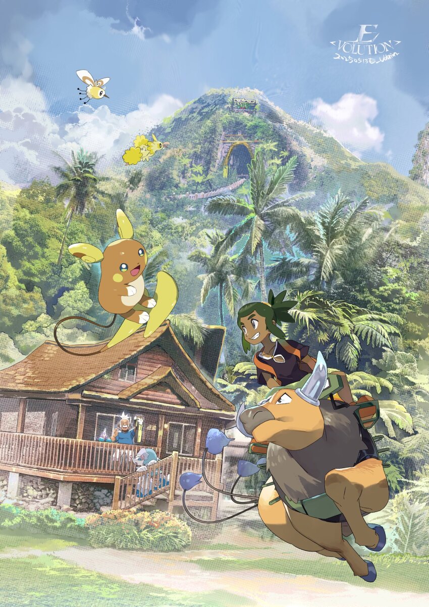 2boys alolan_form alolan_raichu artist_logo artist_name body_fur brown_fur character_request dark-skinned_male dark_skin e_volution gen_1_pokemon gen_7_pokemon green_hair highres logo mountain multiple_boys nintendo outdoors pokemon pokemon_sm riding surfing tauros
