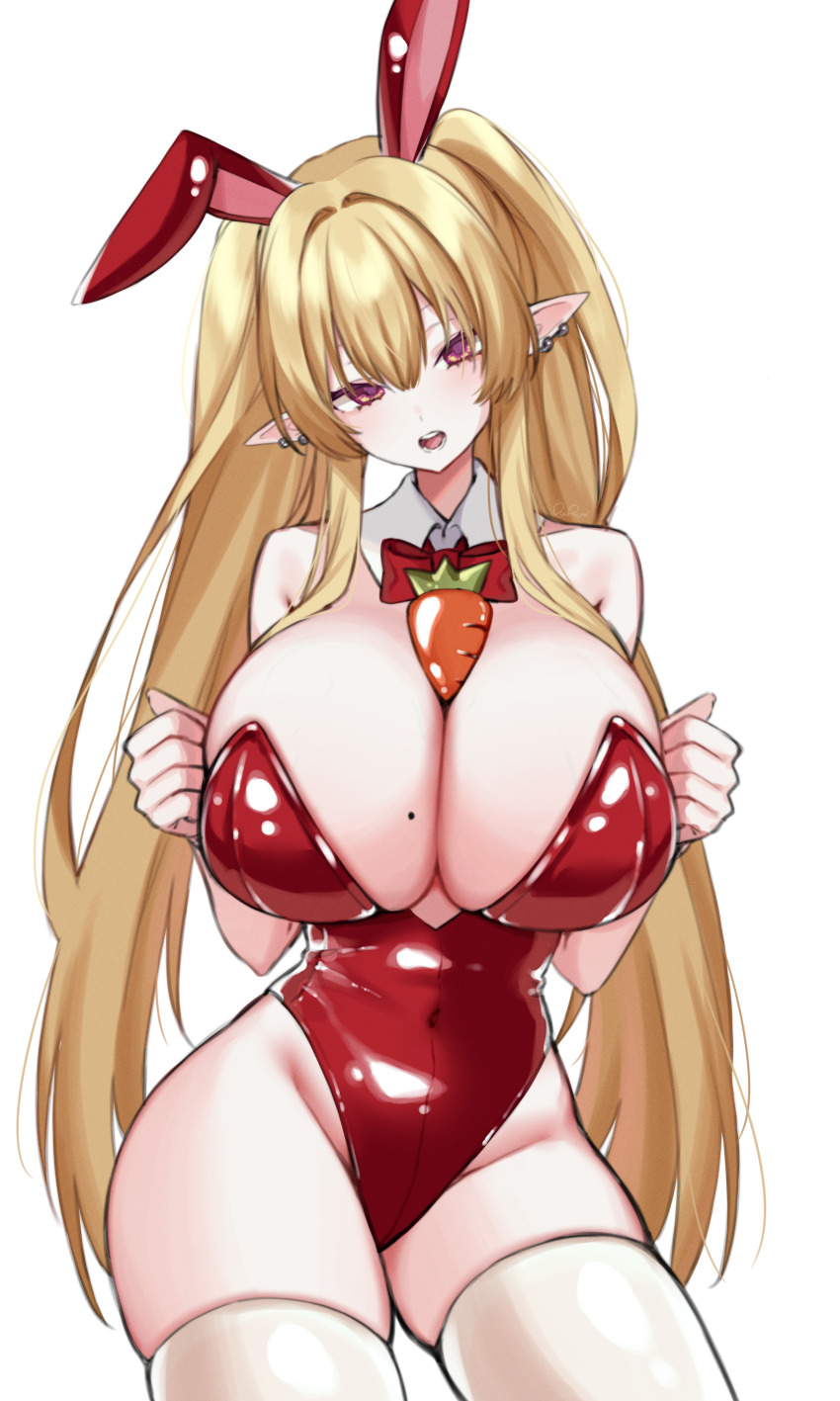 1girl absurdres animal_ears bare_shoulders between_breasts blonde_hair bow bowtie breasts carrot cleavage commission covered_navel cowboy_shot detached_collar duurumi earrings fake_animal_ears highleg highleg_leotard highres huge_breasts jewelry leotard long_hair looking_at_viewer mole mole_on_breast object_on_breast open_mouth original playboy_bunny pointy_ears rabbit_ears red_eyes red_leotard simple_background skindentation solo strapless strapless_leotard thighhighs thighs two_side_up very_long_hair white_background white_thighhighs