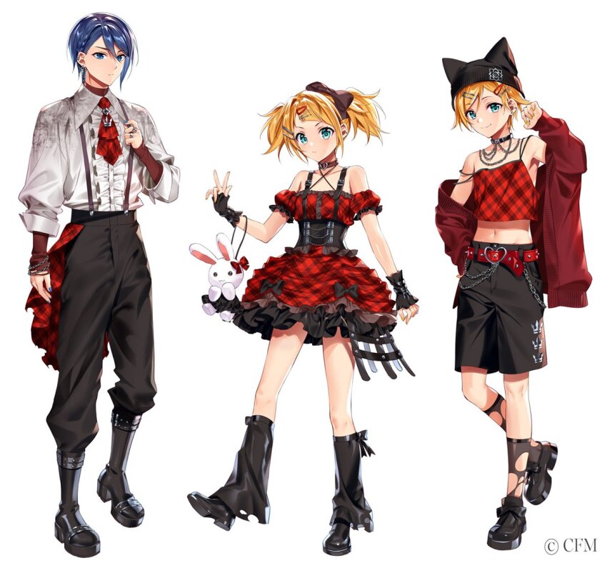 1girl 2boys :/ animal_bag animal_hat arched_bangs arm_at_side bag bare_shoulders beanie belt wallet_chain belt_collar black_arm_warmers black_boots black_bow black_collar black_corset black_hat black_leg_warmers black_pants black_shoes black_shorts black_socks blue_eyes blue_nails boots bow bow_legwear bracelet brooch camisole cat_hat center_frills chain chain_bracelet chain_necklace closed_mouth collar collared_shirt copyright_notice corset crinoline crown_print detached_sleeves dress ear_piercing earrings expressionless fingerless_gloves frilled_dress frills full_body gloves gradient_clothes gradient_shirt hair_between_eyes hair_bow hair_ornament hairclip halter_dress halterneck hand_on_own_hip hand_up handbag hat heart_belt heart_collar jacket jewelry kagamine_len kagamine_rin kaito_(vocaloid) leg_warmers lineup loafers looking_at_viewer midriff multiple_boys multiple_rings murakami_yuichi nail_polish necklace necktie off_shoulder official_art pants pants_tucked_in piercing plaid_clothes plaid_dress plaid_necktie plaid_shirt platform_shoes puffy_short_sleeves puffy_sleeves rabbit_bag red_arm_warmers red_belt red_collar red_dress red_jacket red_necktie red_sash red_shirt red_undershirt ring sash shirt shirt_tucked_in shoes short_dress short_hair short_sleeves short_twintails shorts sideways_glance simple_background single_earring smile socks spaghetti_strap standing standing_on_one_leg strap_slip suspenders suspenders_pull swept_bangs torn_clothes torn_socks turtleneck twintails v-shaped_eyebrows vocaloid w white_background yellow_nails