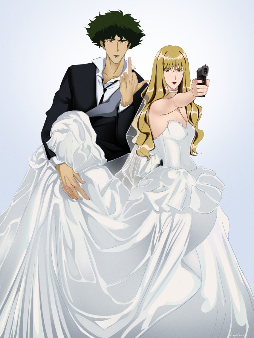 absurdres blonde_hair blue_eyes brown_eyes couple cowboy_bebop curly_hair dress formal_clothes green_hair gun highres julia_(cowboy_bebop) middle_finger spike_spiegel weapon wedding_dress