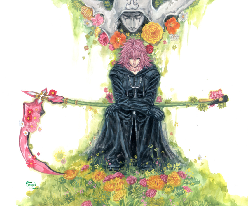 1boy 2014 absurdres black_coat black_coat_(kingdom_hearts) blue_eyes coat dated dominic_ian_cabatit flower full_body grass hibiscus highres holding holding_scythe hood hood_down hooded_coat kingdom_hearts kingdom_hearts:_chain_of_memories light_smile long_coat long_hair looking_at_viewer male_focus marluxia pink_hair red_flower scythe signature sitting solo timestamp yellow_flower