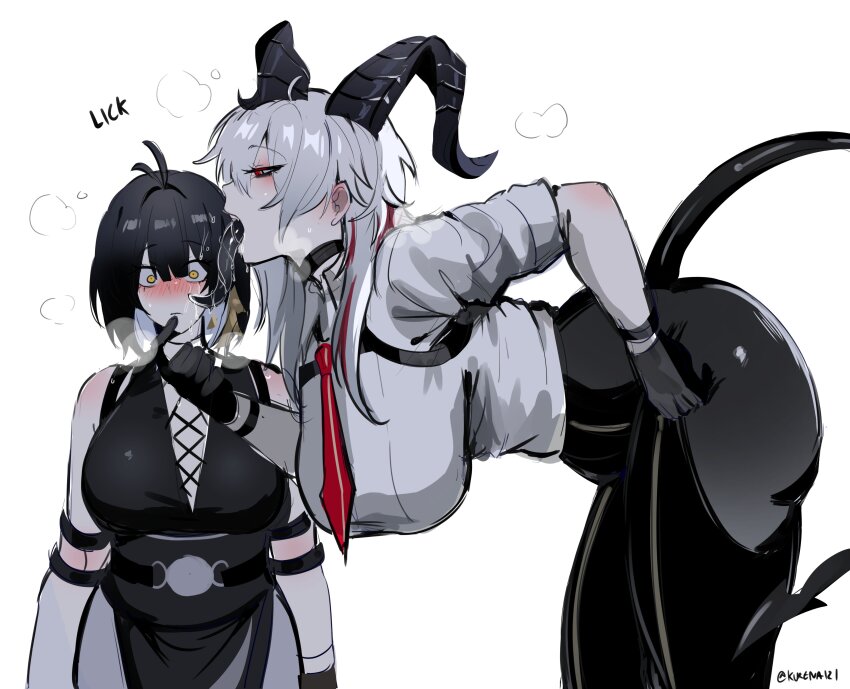 2girls absurdres bent_over black_gloves black_hair black_pants black_tongue blush breasts commentary curled_horns demon_tail female_rover_(wuthering_waves) gloves highres horns kurenaiz_(kuayrenaiz) large_breasts licking licking_another&#039;s_face long_tongue multicolored_hair multiple_girls necktie paid_reward_available pants red_hair red_necktie rover_(wuthering_waves) shirt size_difference streaked_hair tail tongue tongue_out two-tone_hair white_hair white_shirt wuthering_waves yellow_eyes yuri zani_(wuthering_waves)