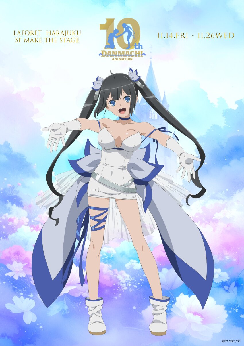 1girl absurdres artist_request bare_legs bare_shoulders black_hair blue_ribbon bow breasts cleavage dress dungeon_ni_deai_wo_motomeru_no_wa_machigatteiru_darou_ka english_text full_body gloves hair_ornament hestia_(danmachi) highres large_breasts official_art outstretched_arm promotional_art ribbon shoes short_dress twintails white_dress white_gloves white_shoes